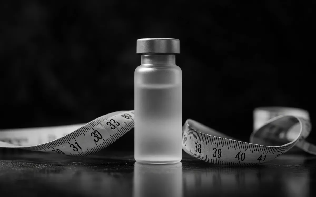 Medication vial beside a measuring tape