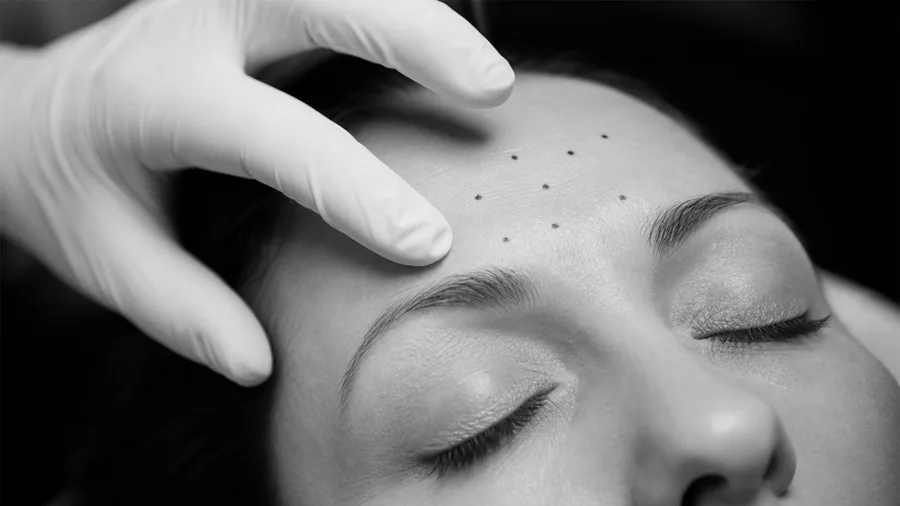 The nurse mapping placement points across the forehead