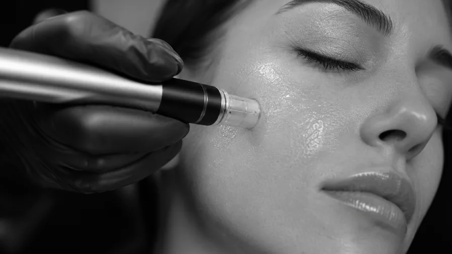 The Dermapen approaching numbed, prepped skin