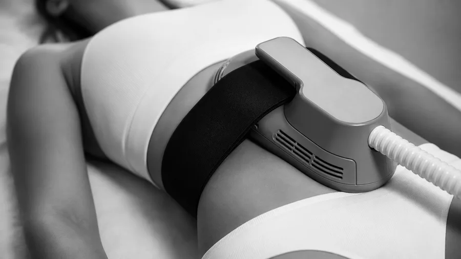 Emsculpt applicator strapped in place over the target muscle