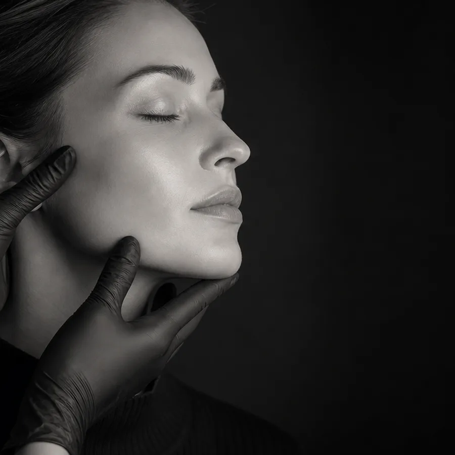 Gloved hands gently checking the balance of the jawline